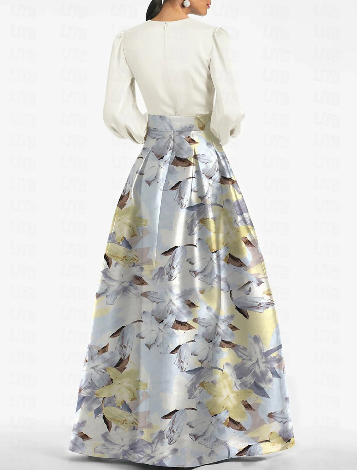 Abito da sera a trapezio, elegante, formale, da ospite di nozze, lungo fino al pavimento, manica lunga, scollo a V, cintura/fascia in raso con spacco